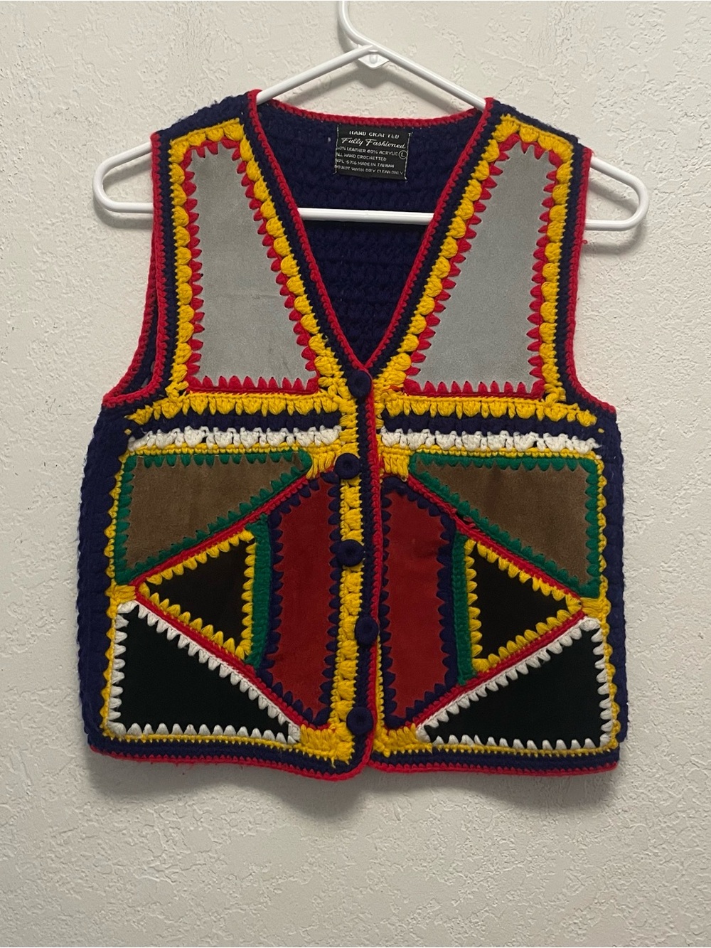 Vintage Leather Suede Crochet Patchwork Vest Boho Festival Folk Western 70s Sz L